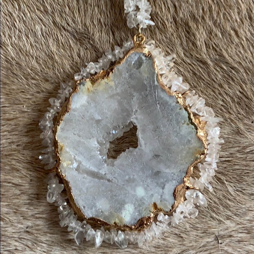 Grey gold crystal pendant long necklace